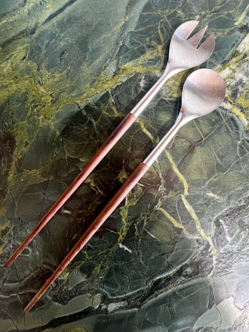 Vintage MCM Wood-Handled Stainless Salad Serving Set